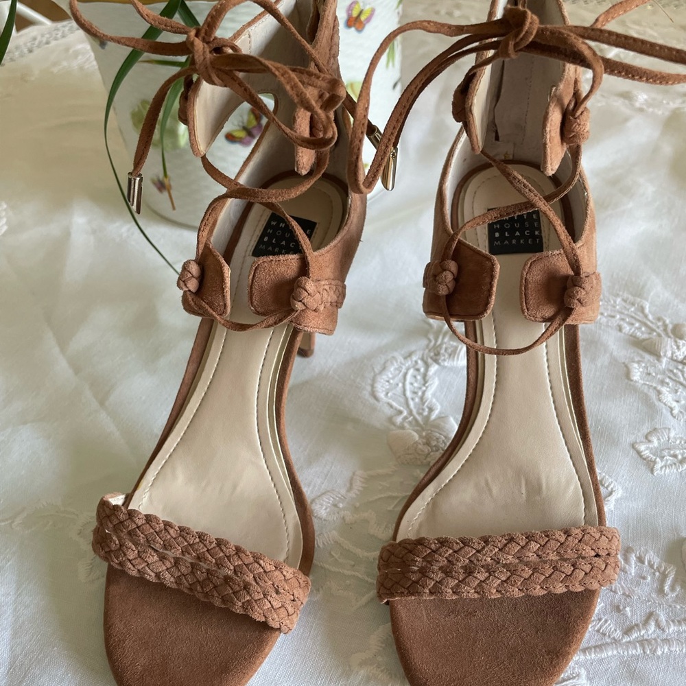 Camel suede heels. Lace up in the front with zippers in the back